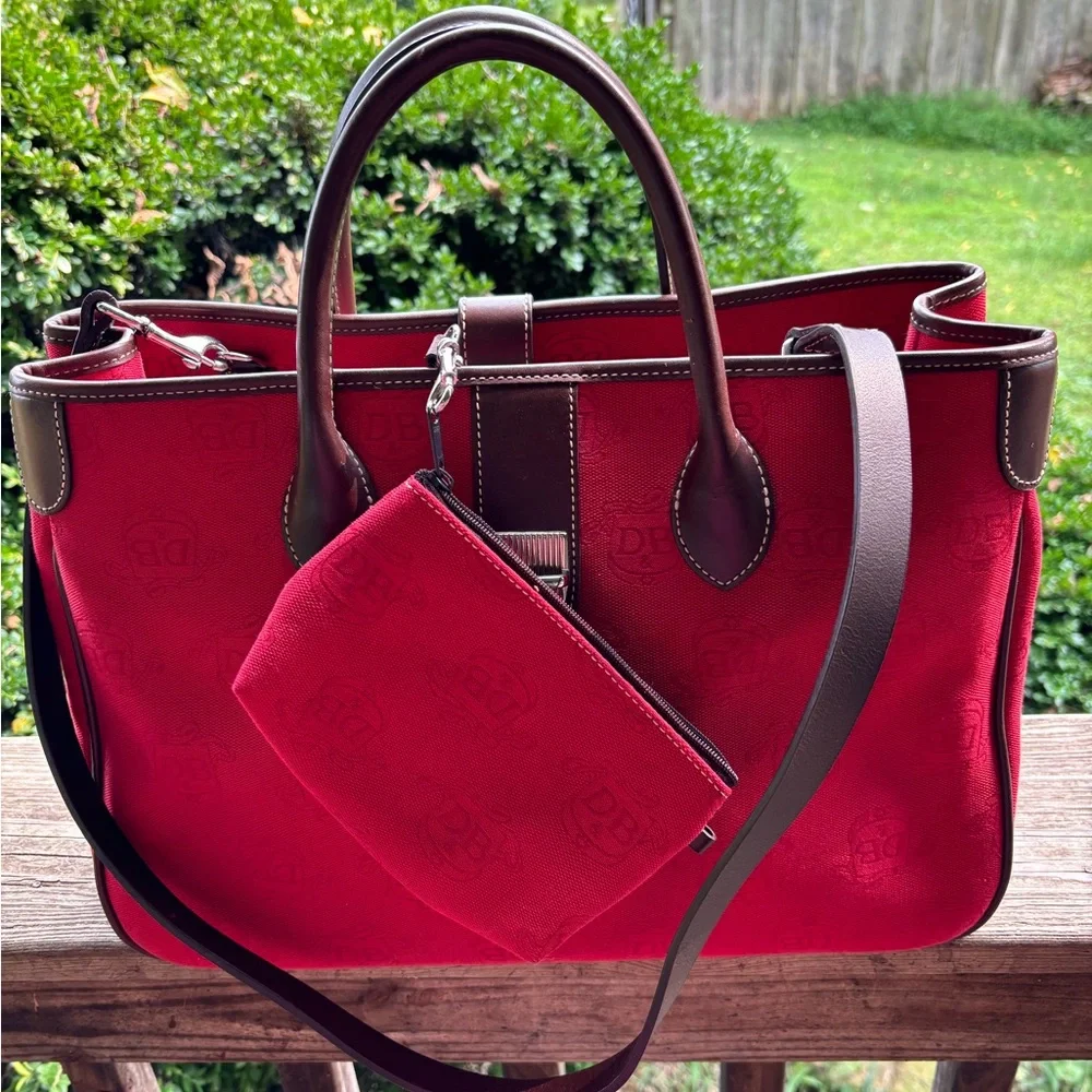 Dooney & Bourke Large Dark Red Monogram Canvas Tote Bag with Brown Leather Trim - Picture 2 of 12